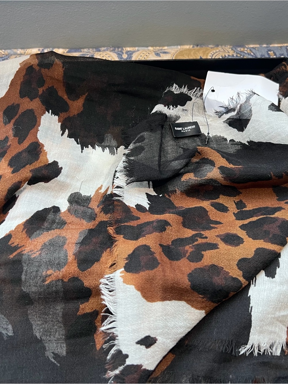 Saint Laurent Black Brown Cream Leopard-Print Fringed Scarf